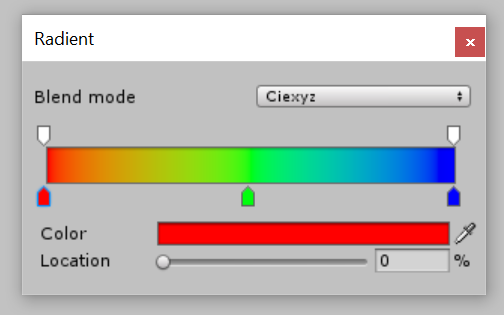 The gradient editor for Radient featuring a gradient blending in the CIEXYZ colour space.