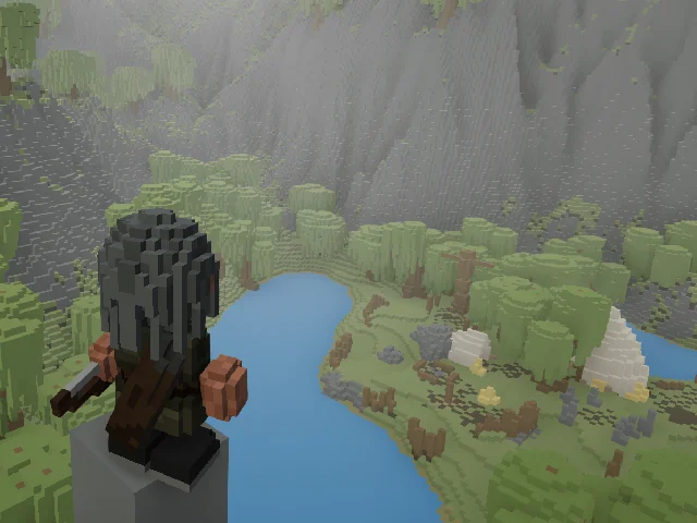 Preview of the Voxel Multiplayer, showing the player character atop of a mountain.